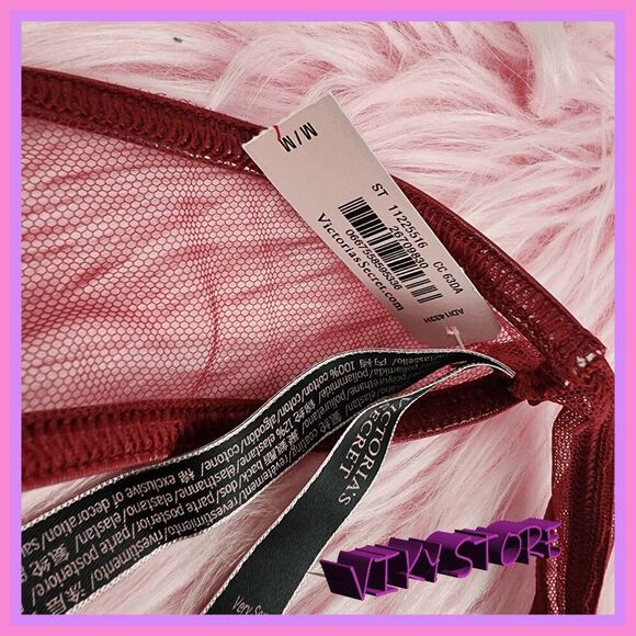 💖 NWT Victoria’s Secret Red Faux Leather Mesh Embroidery String M #7266 💖 - Picture 6 of 8